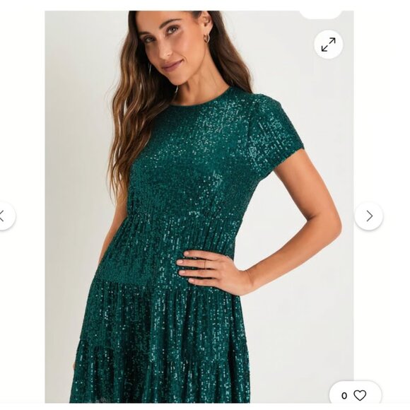 NWT Lulus Taking A Shine Emerald Green Sequin Tiered shift Dress Size L holiday - Picture 2 of 14
